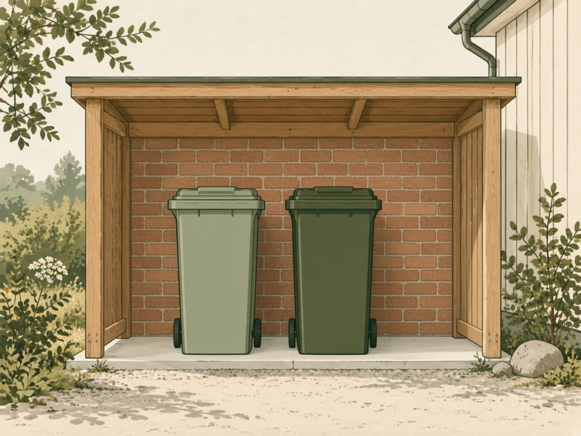 To affaldsbeholdere under et skur